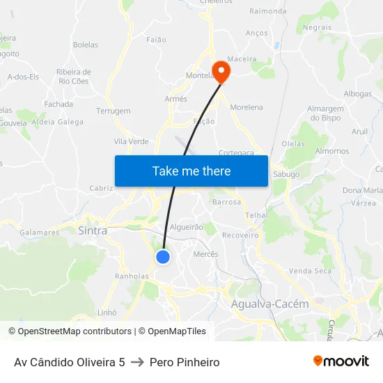 Av Cândido Oliveira 5 to Pero Pinheiro map
