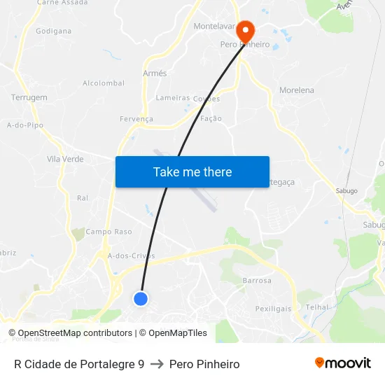R Cidade de Portalegre 9 to Pero Pinheiro map