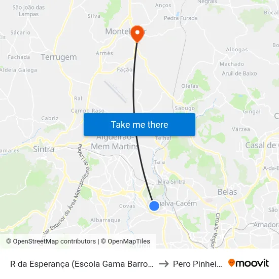 R da Esperança (Escola Gama Barros) to Pero Pinheiro map