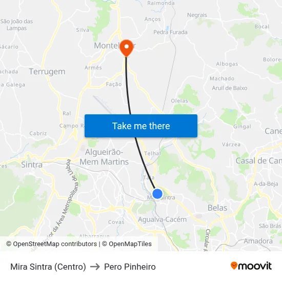 Mira Sintra (Centro) to Pero Pinheiro map