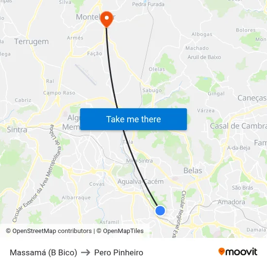 Massamá (B Bico) to Pero Pinheiro map