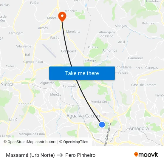 Massamá (Urb Norte) to Pero Pinheiro map