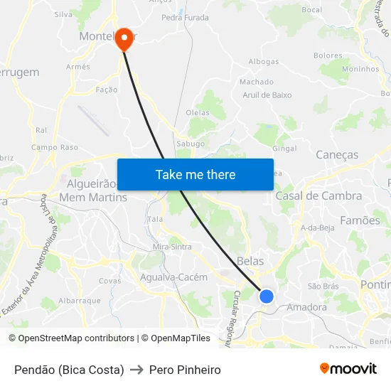 Pendão (Bica Costa) to Pero Pinheiro map