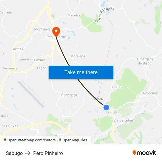 Sabugo to Pero Pinheiro map