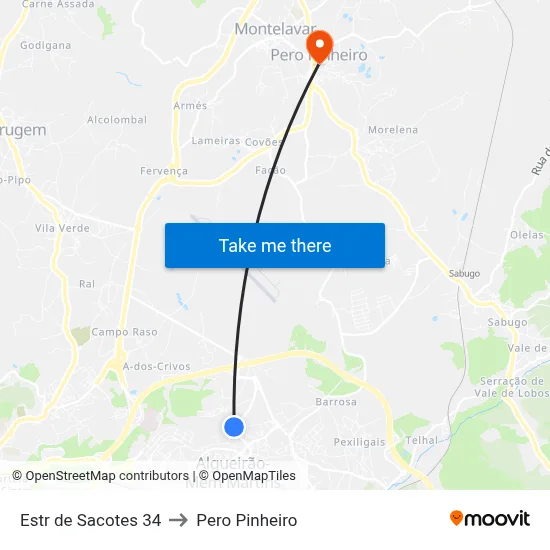 Estr de Sacotes 34 to Pero Pinheiro map