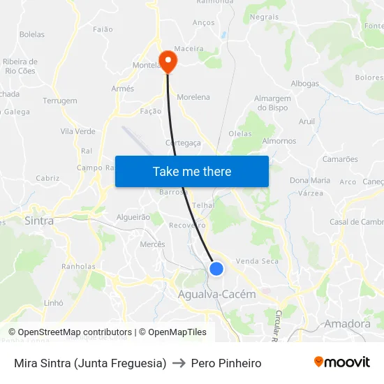 Mira Sintra (Junta Freguesia) to Pero Pinheiro map