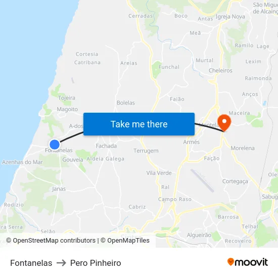 Fontanelas to Pero Pinheiro map