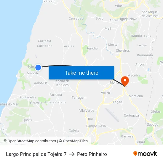 Largo Principal da Tojeira 7 to Pero Pinheiro map