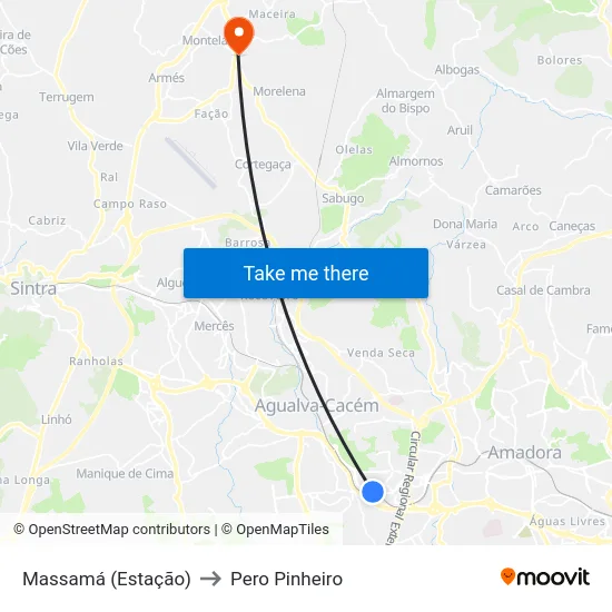 Massamá (Estação) to Pero Pinheiro map