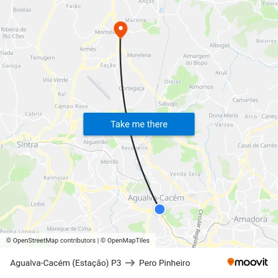 Agualva-Cacém (Estação) P3 to Pero Pinheiro map