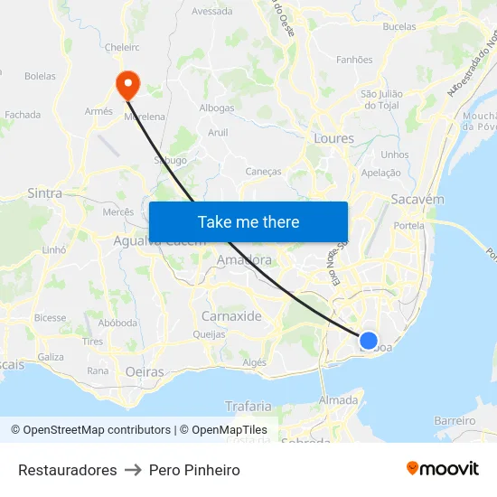 Restauradores to Pero Pinheiro map