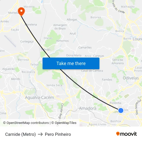 Carnide (Metro) to Pero Pinheiro map