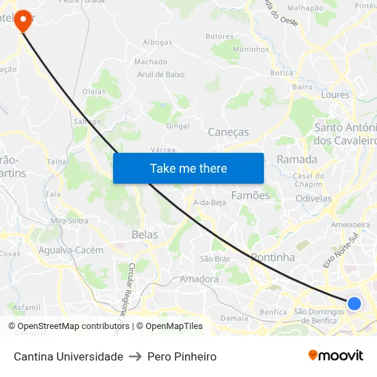 Cantina Universidade to Pero Pinheiro map