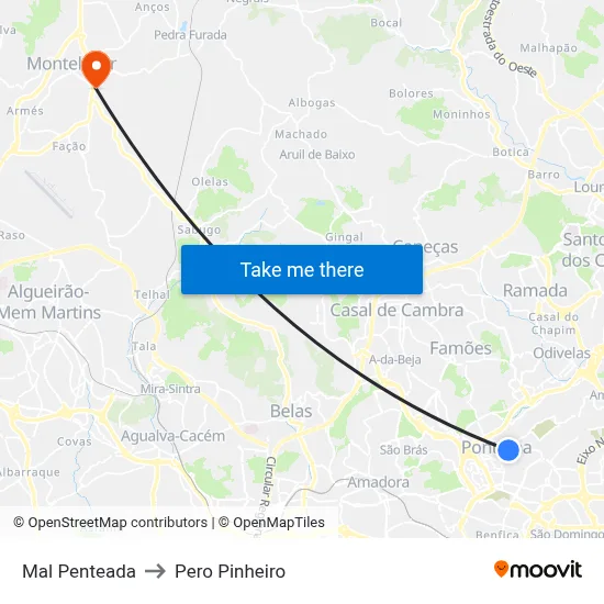 Mal Penteada to Pero Pinheiro map
