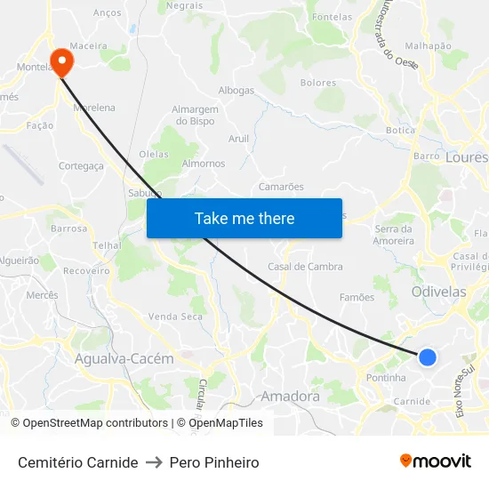 Cemitério Carnide to Pero Pinheiro map