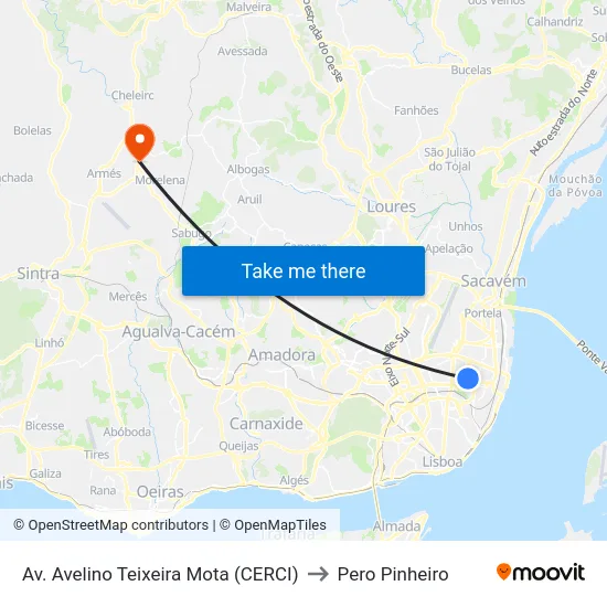 Av. Avelino Teixeira Mota (CERCI) to Pero Pinheiro map