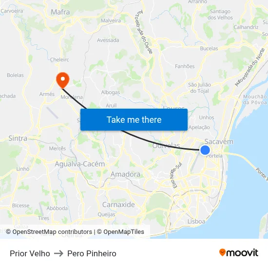 Prior Velho to Pero Pinheiro map