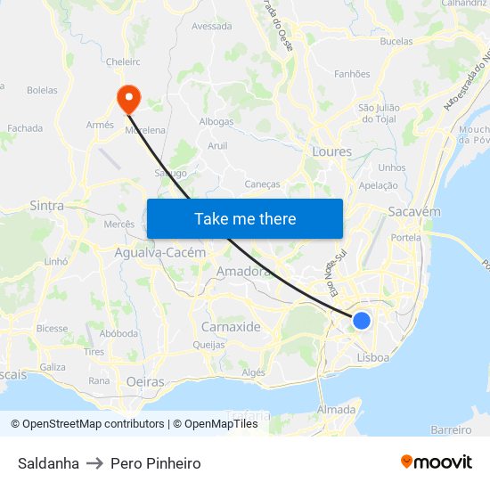 Saldanha to Pero Pinheiro map