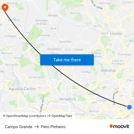 Campo Grande to Pero Pinheiro map