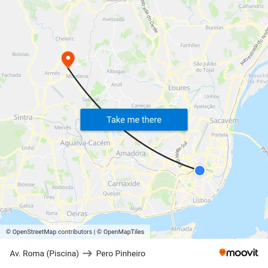 Av. Roma (Piscina) to Pero Pinheiro map