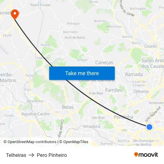 Telheiras to Pero Pinheiro map