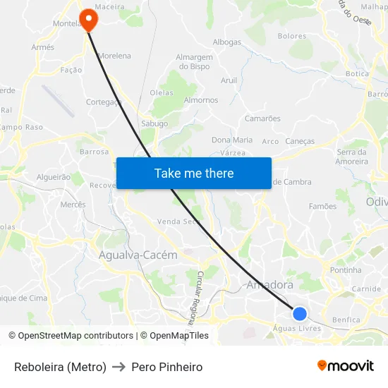 Reboleira (Metro) to Pero Pinheiro map