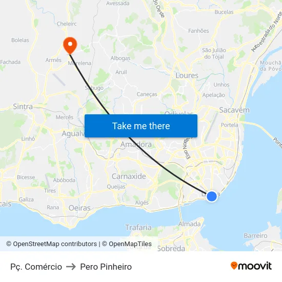 Pç. Comércio to Pero Pinheiro map