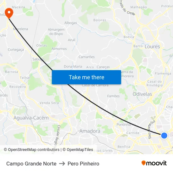 Campo Grande Norte to Pero Pinheiro map