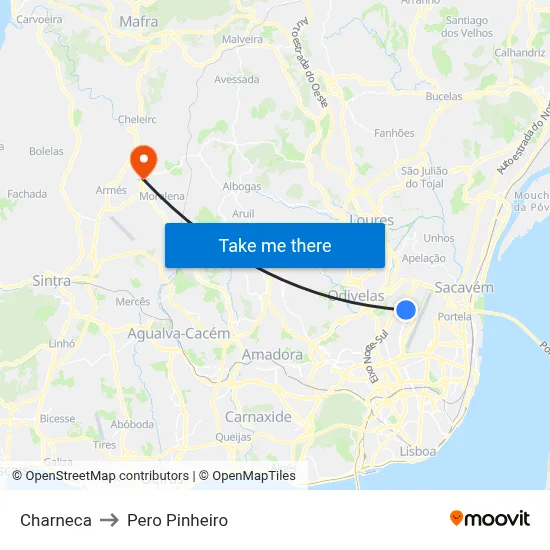 Charneca to Pero Pinheiro map