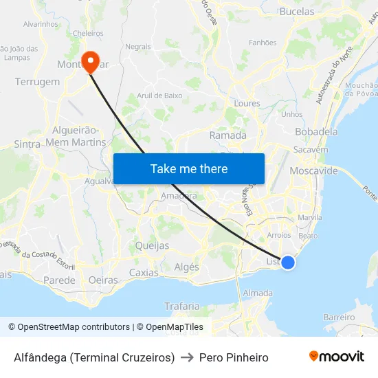 Alfândega (Terminal Cruzeiros) to Pero Pinheiro map