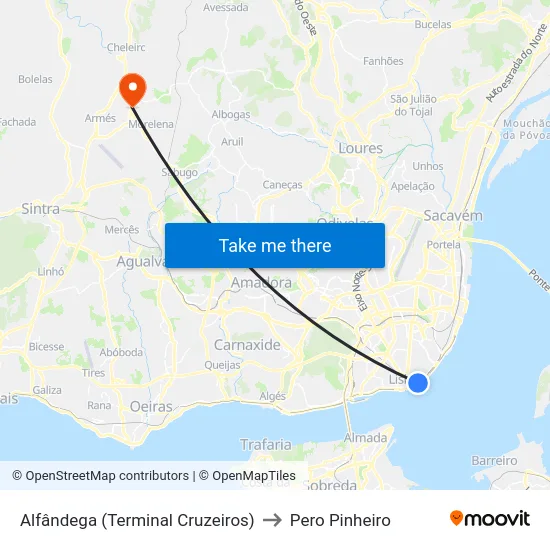 Alfândega (Terminal Cruzeiros) to Pero Pinheiro map