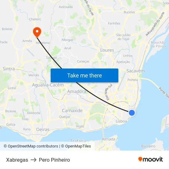 Xabregas to Pero Pinheiro map