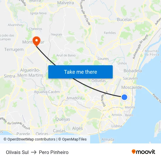 Olivais Sul to Pero Pinheiro map