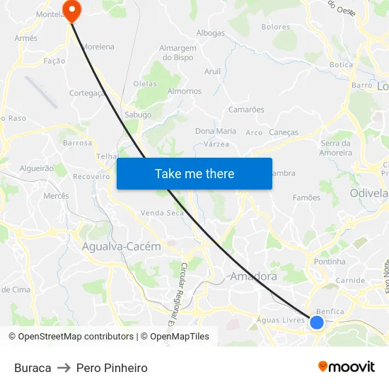 Buraca to Pero Pinheiro map
