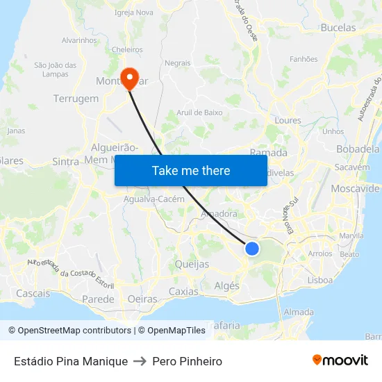 Estádio Pina Manique to Pero Pinheiro map