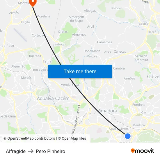 Alfragide to Pero Pinheiro map