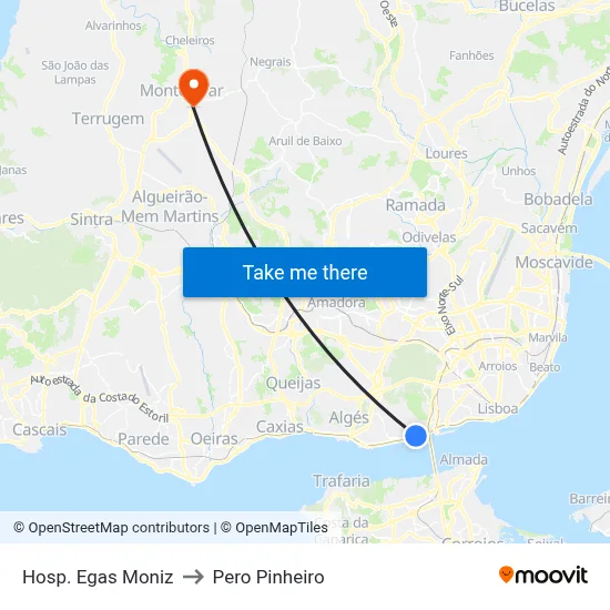 Hosp. Egas Moniz to Pero Pinheiro map