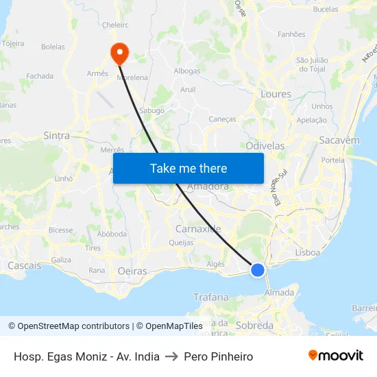 Hosp. Egas Moniz - Av. India to Pero Pinheiro map