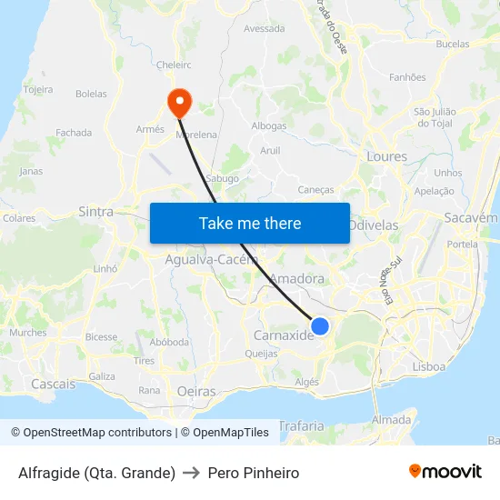 Alfragide (Qta. Grande) to Pero Pinheiro map