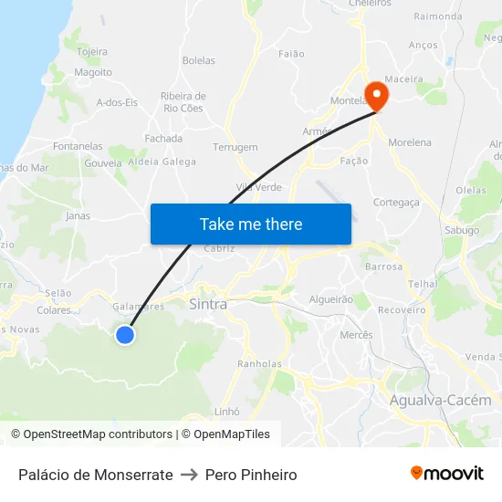 Palácio de Monserrate to Pero Pinheiro map
