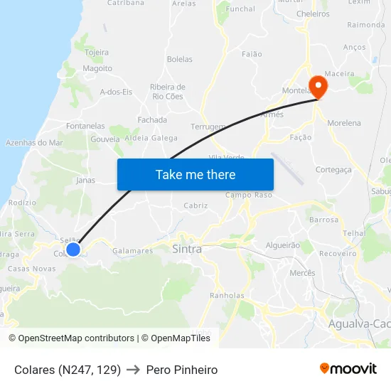 Colares (N247, 129) to Pero Pinheiro map