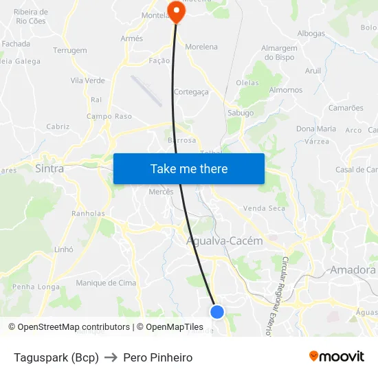 Taguspark (Bcp) to Pero Pinheiro map