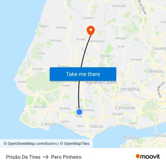 Prisão De Tires to Pero Pinheiro map