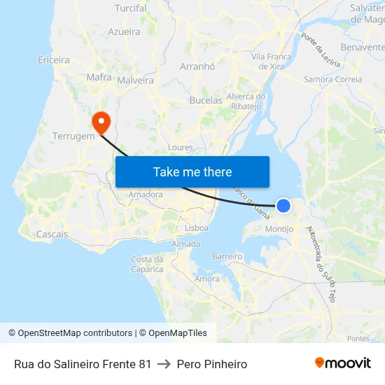 Rua do Salineiro Frente 81 to Pero Pinheiro map