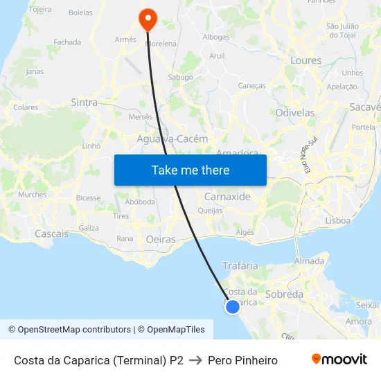 Costa da Caparica (Terminal) P2 to Pero Pinheiro map