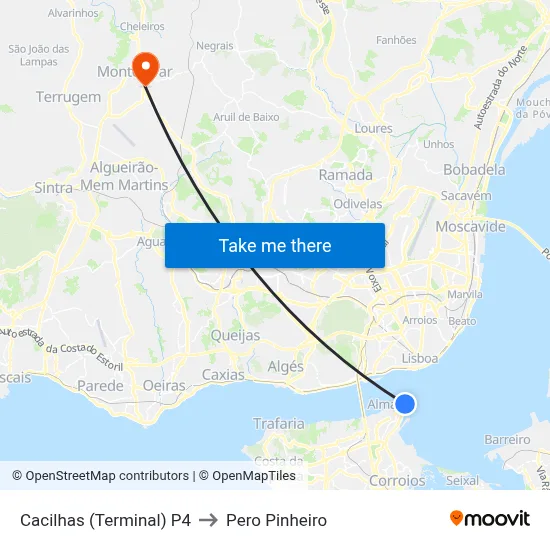 Cacilhas (Terminal) P4 to Pero Pinheiro map