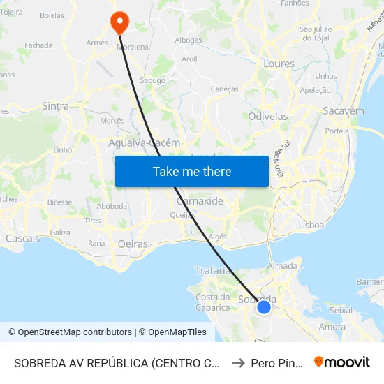 SOBREDA AV REPÚBLICA (CENTRO COMERCIAL) to Pero Pinheiro map