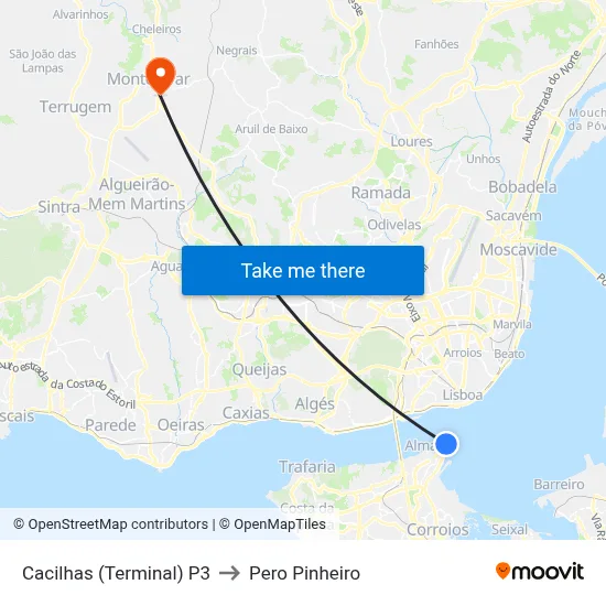 Cacilhas (Terminal) P3 to Pero Pinheiro map
