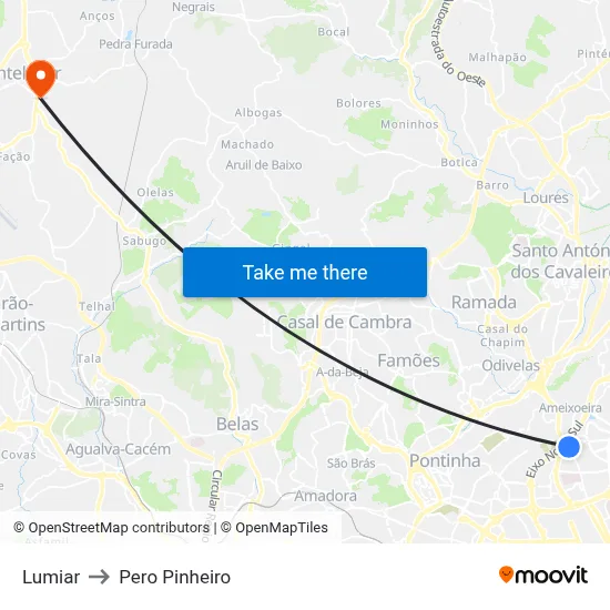 Lumiar to Pero Pinheiro map