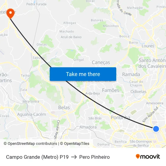 Campo Grande (Metro) P19 to Pero Pinheiro map